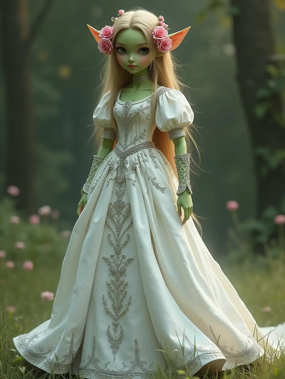 A green-skinned 4-ft tall elven woman with freckles and pink roses in her hair, wearing a floor-length hoopskirt white mithril chainmail ballgown with poofy princess sleeves that makes her look like she's covered in diamonds.