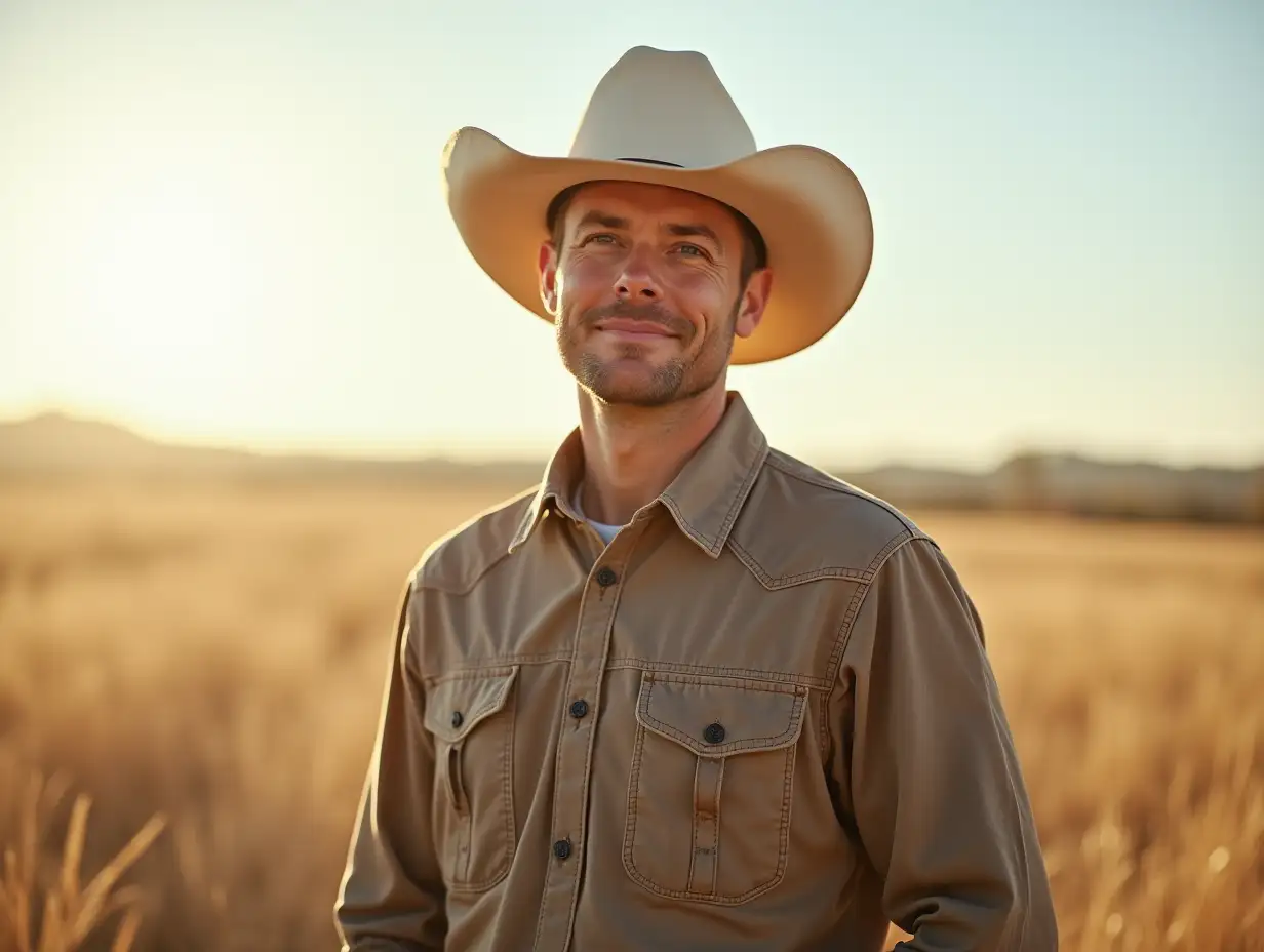 a farmer standing on the open farmland, looking at the camera, wearing farm clothes and a cowboy hat, texan farmer. daylight, his expression is squinty eyes due to sunlight