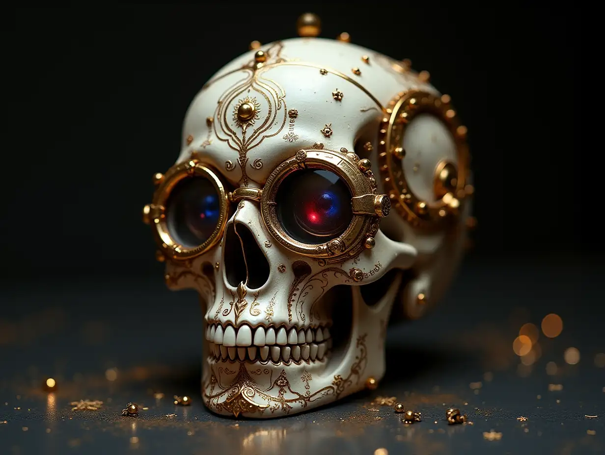 Cyber Totenkopf mit Glasaugen, Porzellan with golden Ornaments Steampunk 100 mm Capture