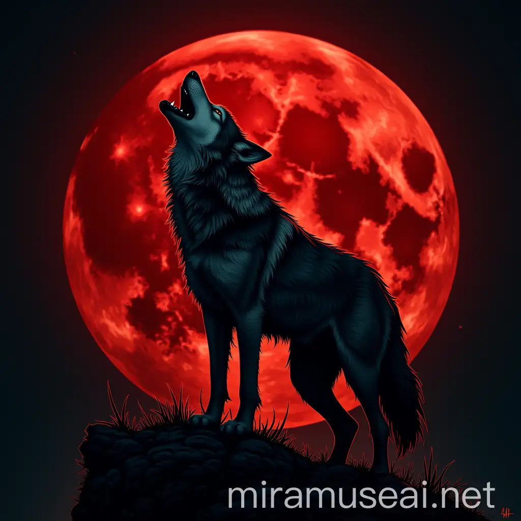 Eerie Blood Moon with Silhouette of a Lone Wolf