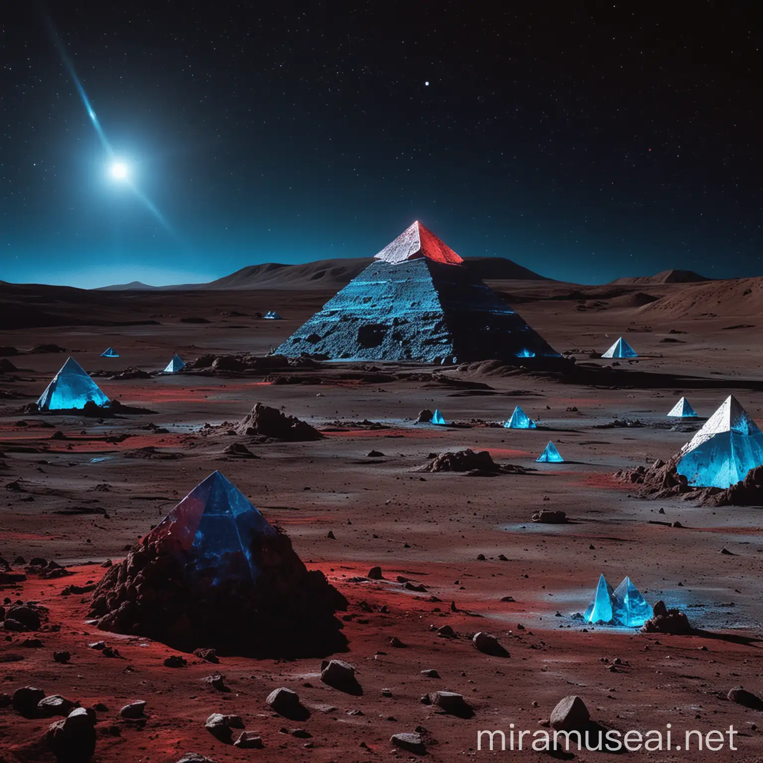 Crimson Pyramid with Diamond Apex Emitting Blue Beam on Moons Surface