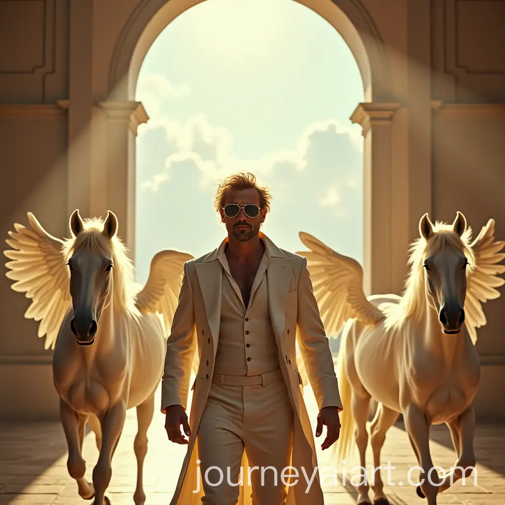 Blonde-Man-Emerges-from-Heavenly-Portal-with-Winged-Horses-and-Freaky-Music-Band