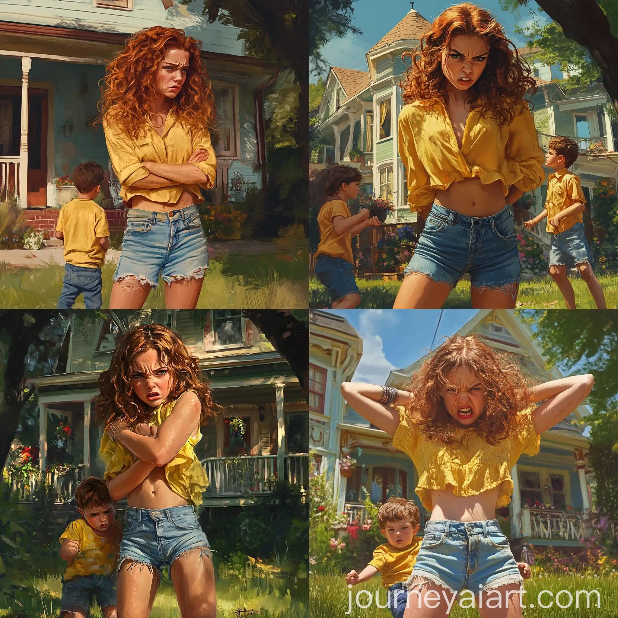 Angry-Girl-Embracing-Little-Brother-in-Front-of-Decorated-House