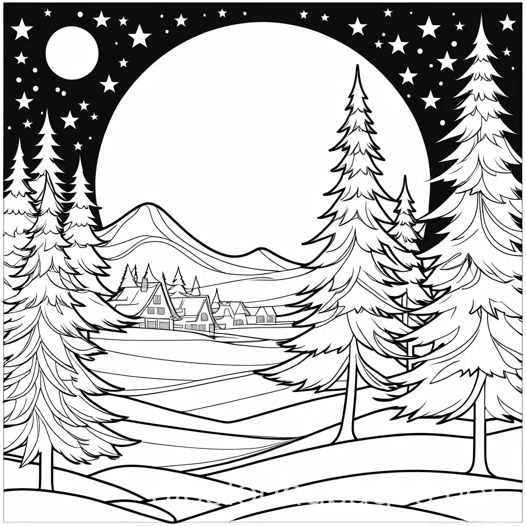 Christmas-Coloring-Page-Featuring-Santa-Under-a-Moonlit-Sky