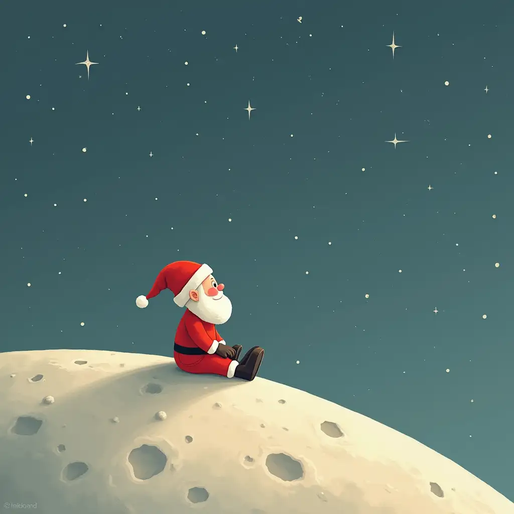 A quirky digital illustration of a cartoon Santa Claus, delicately rendered in soft pastel shades, sitting on a small cratered moon, lost in thought as he stares out into the vast, starry expanse of empty space, his red suit colored against a subdued, celestial background, with a subtle  with texture and gentle shading giving depth to the minimalistic composition, evoking a sense of wonder and contemplation, as if contemplating the mysteries of the cosmos, amid the eerie silence of the moon's surface.