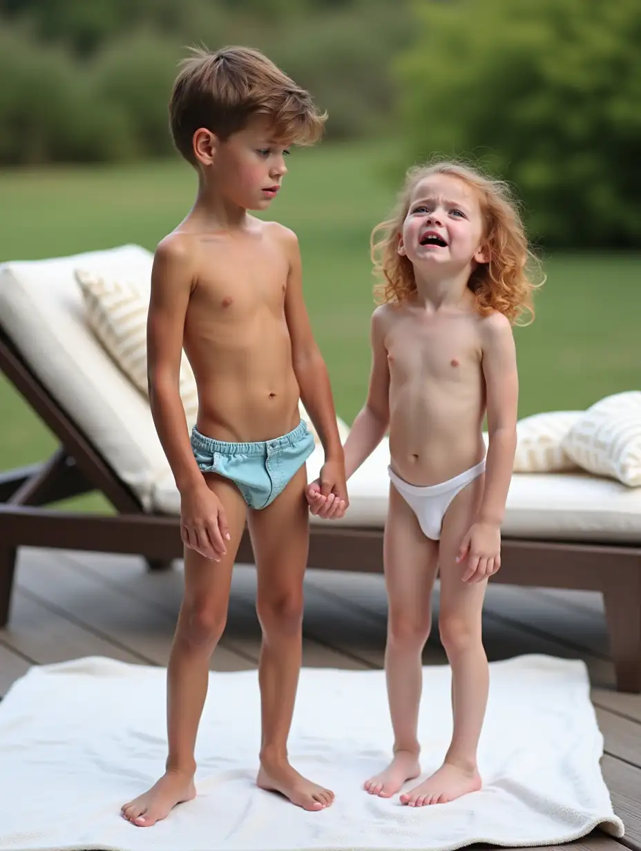 Athletic-Boy-and-Crying-Sister-on-Wood-Deck-with-Lounge-Chair-in-Background