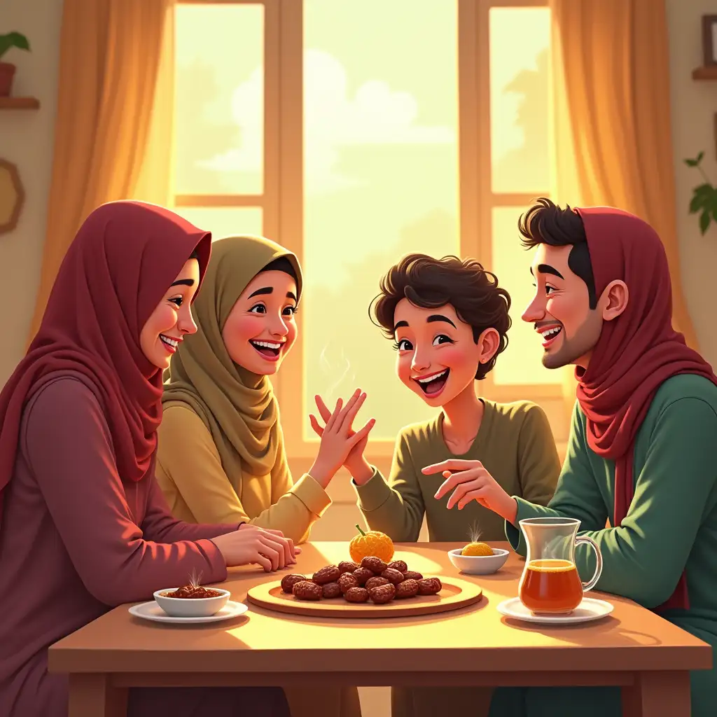 A lively and colorful breakfast scene featuring a muslim family or close friends engaged in joyful conversation. The room is filled with warm hues, laughter, and exaggerated expressions of love and connection. Details like steaming tea, a shared platter of dates and honey, and the sunlight streaming through the windows emphasize the nurturing bonds that sustain relationships.