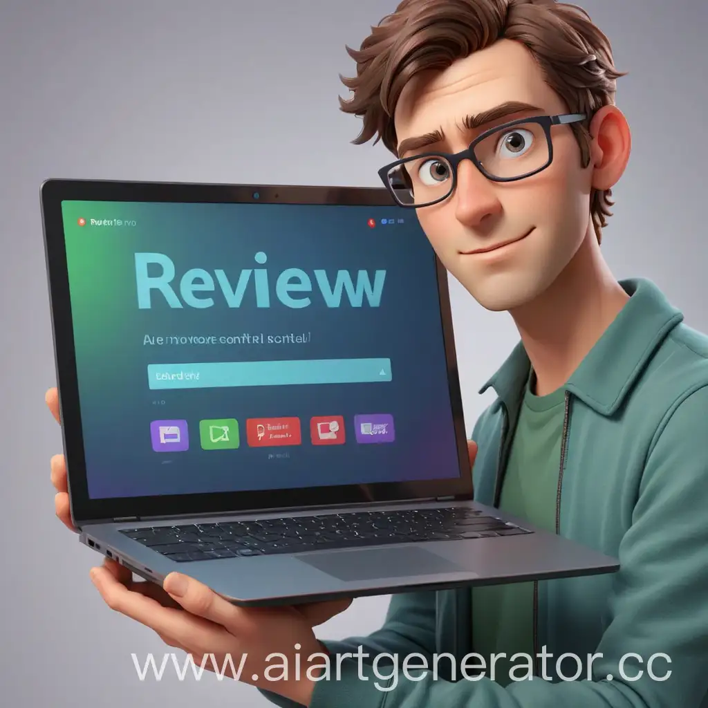 Person-Holding-Laptop-with-Review-on-Screen-3D-Graphics-in-Blue-Green-Purple-Red