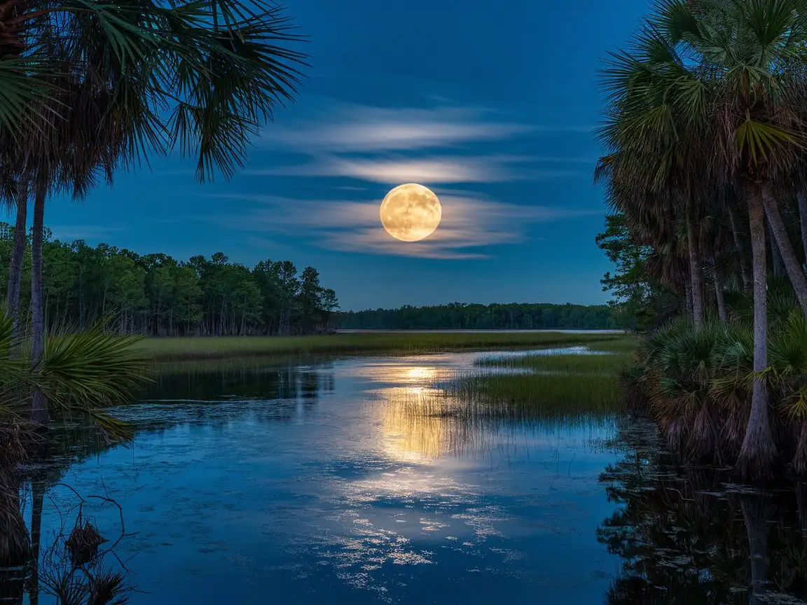 Golden-Full-Moon-Over-Calm-Lowcountry-Marsh-with-Palmetto-Trees