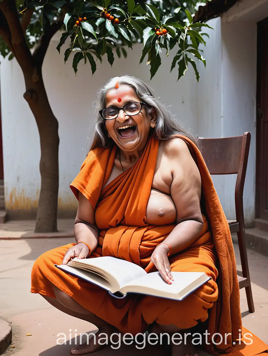 Elderly-Hindu-Woman-Monk-Squatting-with-Holy-Book-in-Ashram-Courtyard