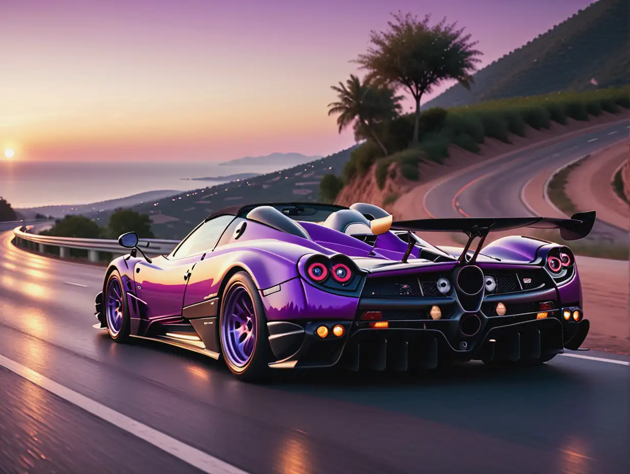 Purple Pagani Zonda Cinque Roadster drive on purple sunset road ultrarealistic cinematic 8k