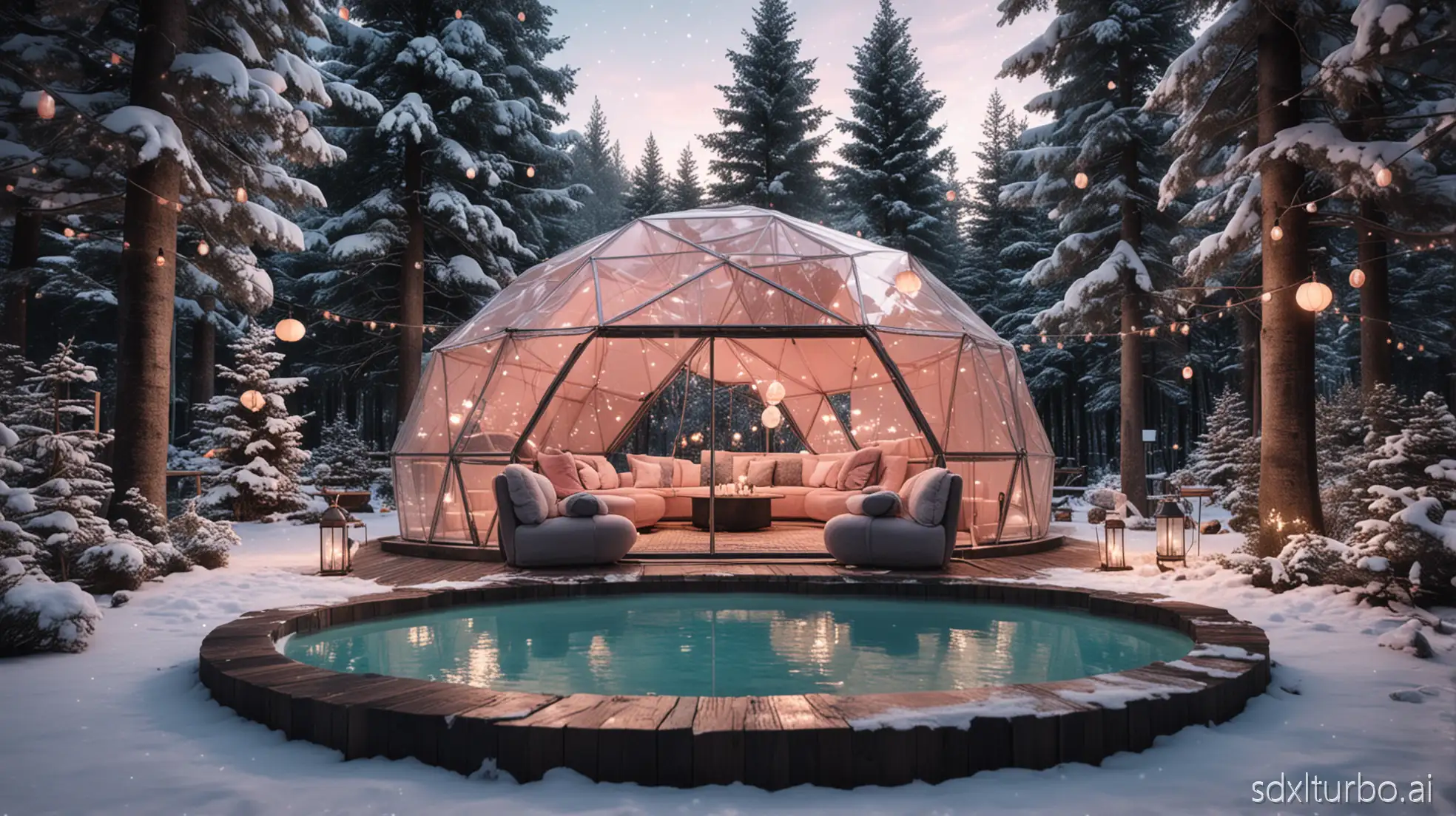 An ultra-luxury winter glamping retreat under a magical twilight sky, featuring elegant soft blush-pink geodesic domes glowing warmly from within, nestled in a snowy pine forest. A cozy outdoor seating area with plush fur chairs, velvet cushions, and a glowing circular firepit, surrounded by twinkling fairy lights and lanterns. A modern café with warm ambient lighting in the background, reflecting a soft teal pool and delicate snow accents. Cinematic, hyper-detailed, dreamy atmosphere, upscale luxury resort aesthetic, soft pastel tones, magical realism, 8K ultra-realistic render, whimsical fantasy retreat style, perfect for Bubble