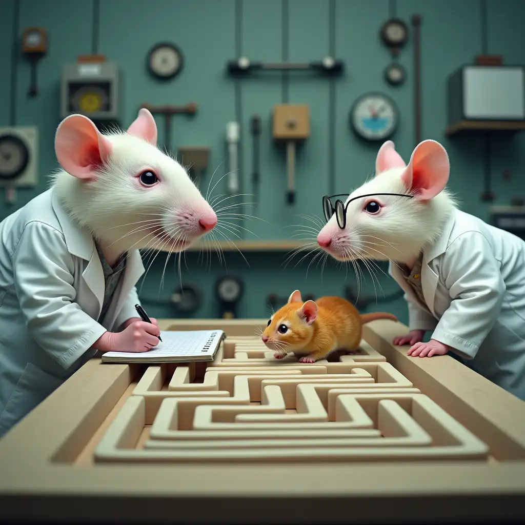 Background - medical laboratory with various devices. Two giant white rats in white lab coats leaned over the table. They are looking at the table with interest. One rat is writing something in a notebook, and there are glasses on the snout of another. On the table is a voluminous maze, inside which a tiny ginger man-cat runs with an expression of horror on his face. Photograph.