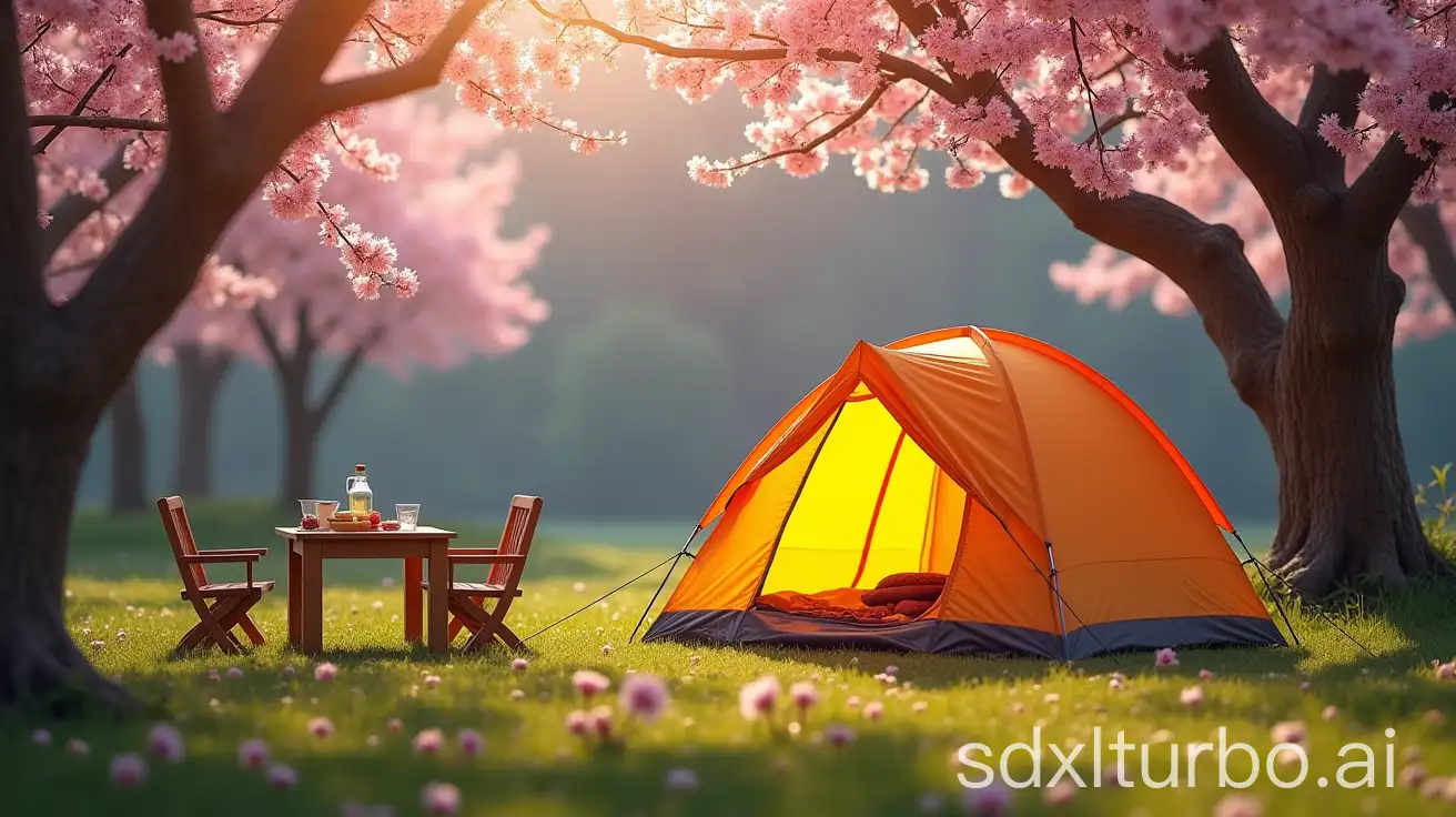 Cherry blossom viewing, tent, food, forest, grassland, table and chairs, tableware, close-up, sedan