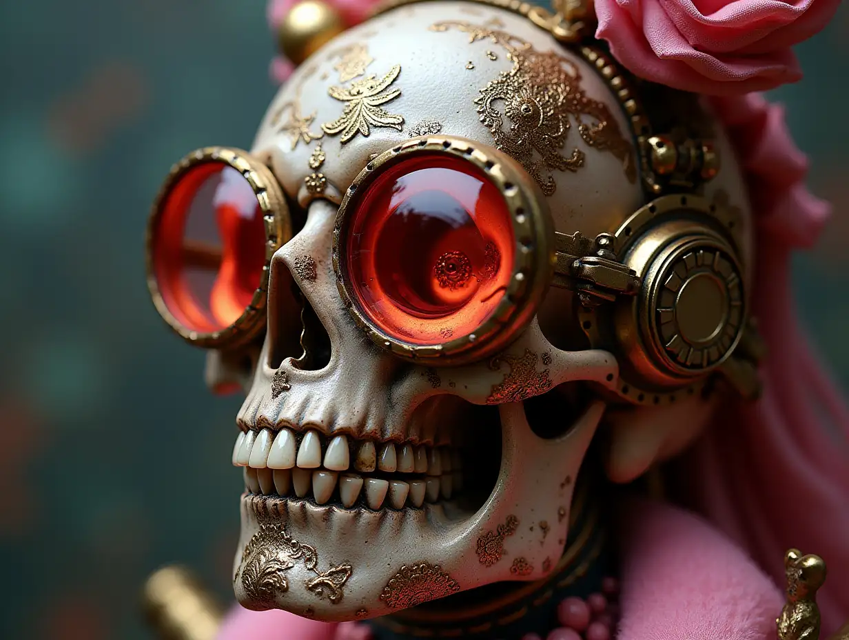 Cyber Totenkopf mit Glasaugen, Porzellan and pink with golden ornaments Steampunk 100 mm Capture