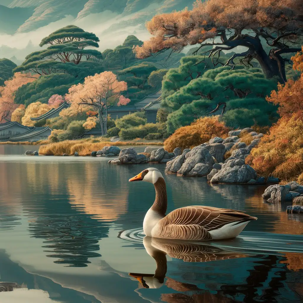 Japanese landscape lakeshore hills trees border goose