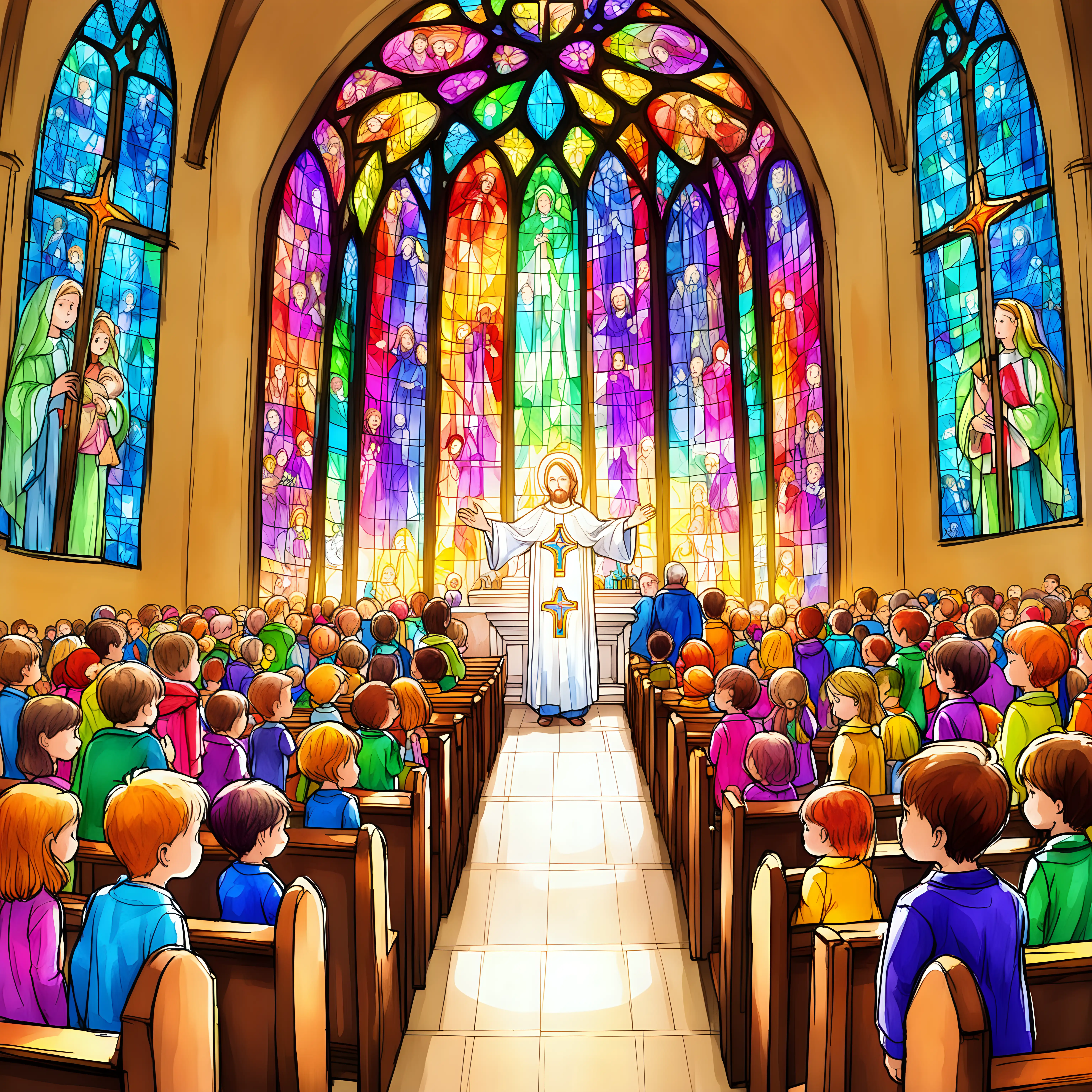 Colorful-Childrens-Drawing-of-People-in-a-Church-with-Stained-Glass-Window