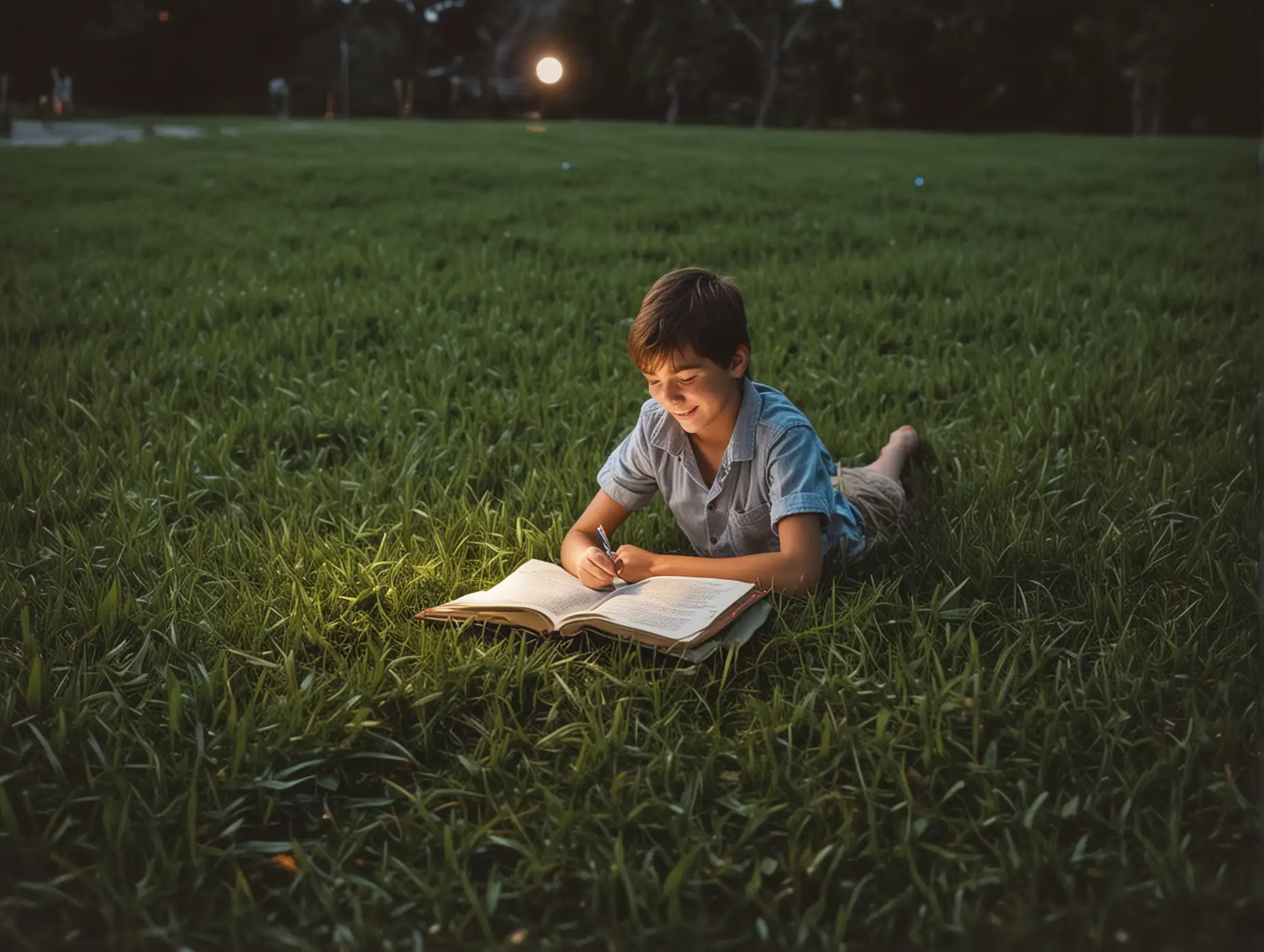 Boy-Writing-in-Book-on-Lush-Grass-at-Dusk-Beneath-Moon