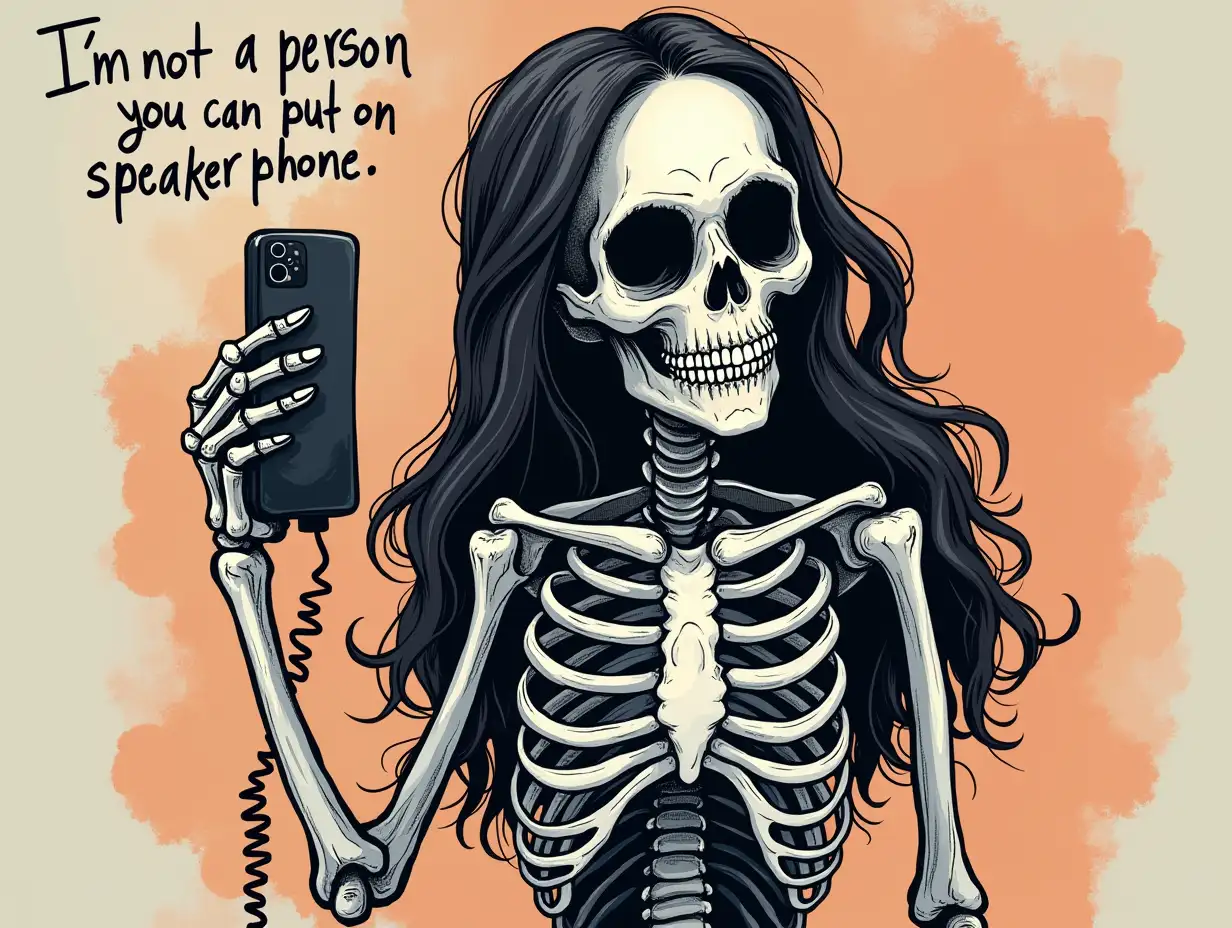 Vector. Create design with a skeleton girl holding a phone and the text 'I'm not a person you can put on speaker phone'. oil paint ink