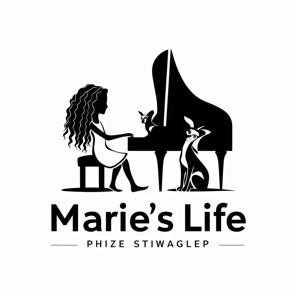 LOGO-Design-For-Maries-Life-Girl-Playing-Piano-with-Sphinx-Cat-Theme