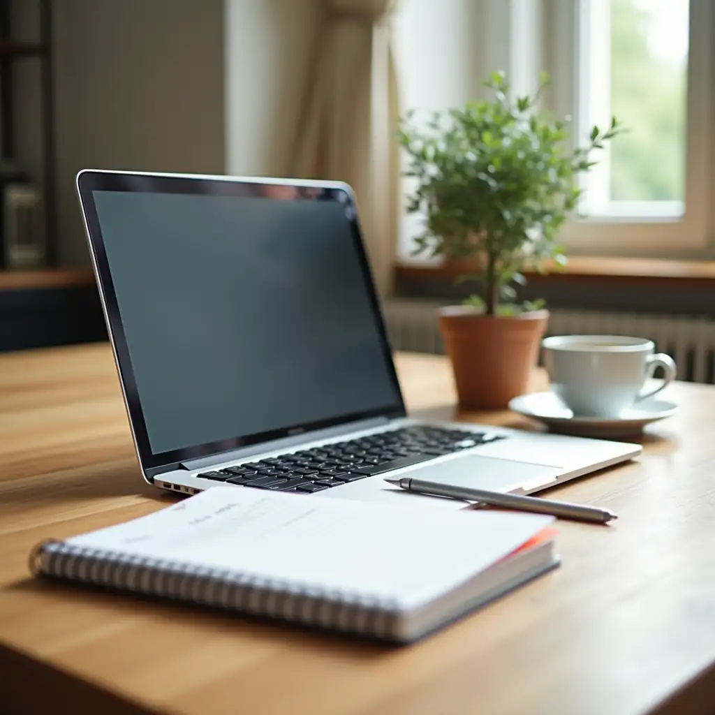 A serene and modern home office setup featuring a laptop, notebook, coffee cup, and a small plant on a wooden desk, bathed in natural light. Perfect for remote work, freelancing, or business concepts.