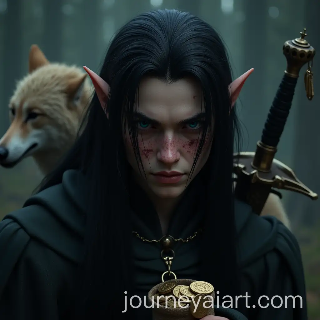 UltraRealistic-Male-Elf-with-Sword-Wolf-and-Bag-of-Coins-in-Dramatic-Lighting