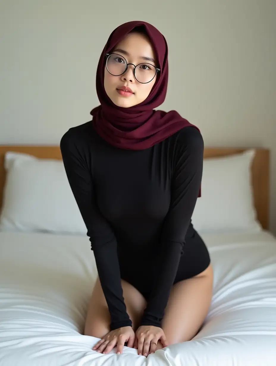 Serene-20YearOld-Asian-Woman-in-Black-Swimsuit-and-Maroon-Hijab-Contemplative-Pose-on-White-Bed