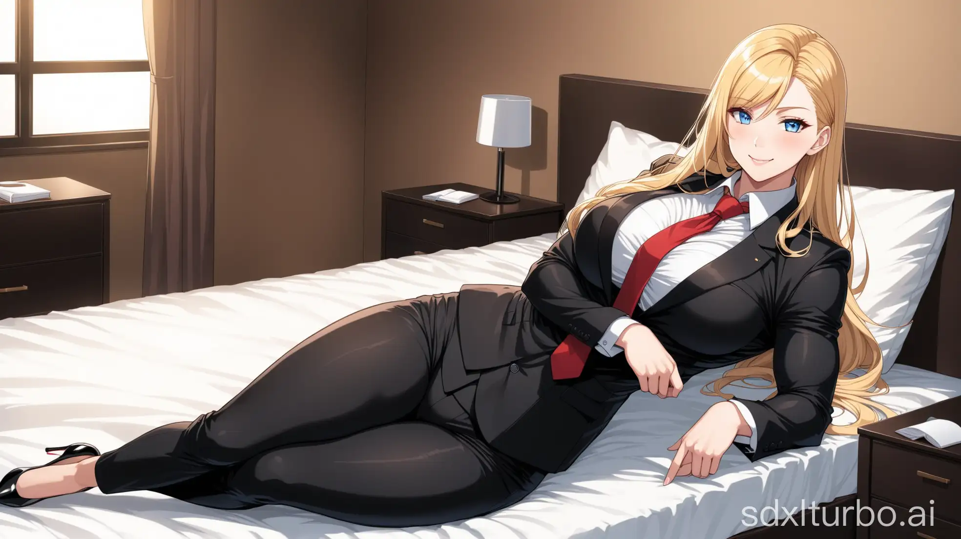 Muscular-Woman-in-Formal-Suit-Relaxing-on-Bed