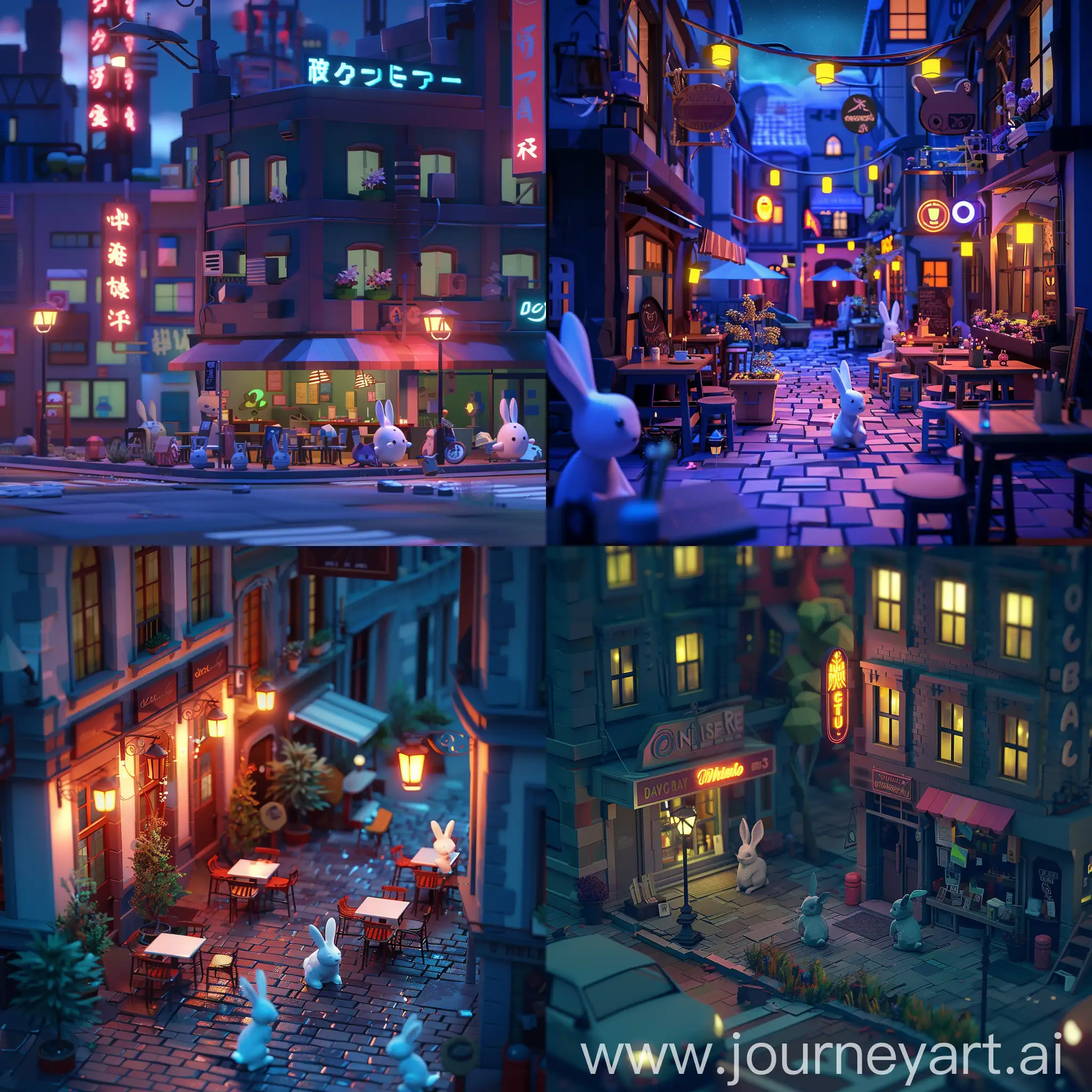 Low-Poly-Cityscape-at-Night-with-Rabbits-and-Caf