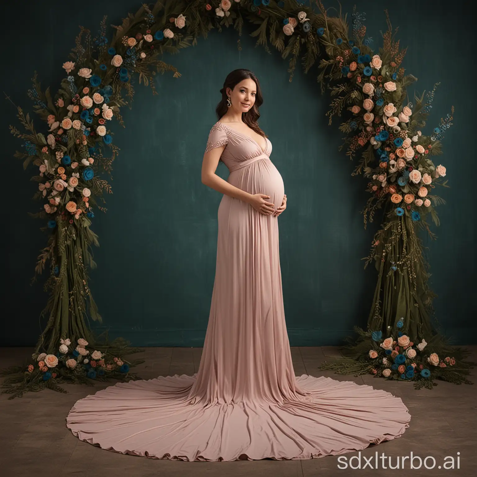 maternity lady wearing long tale gown made with Pecock  eleg studio backdrop