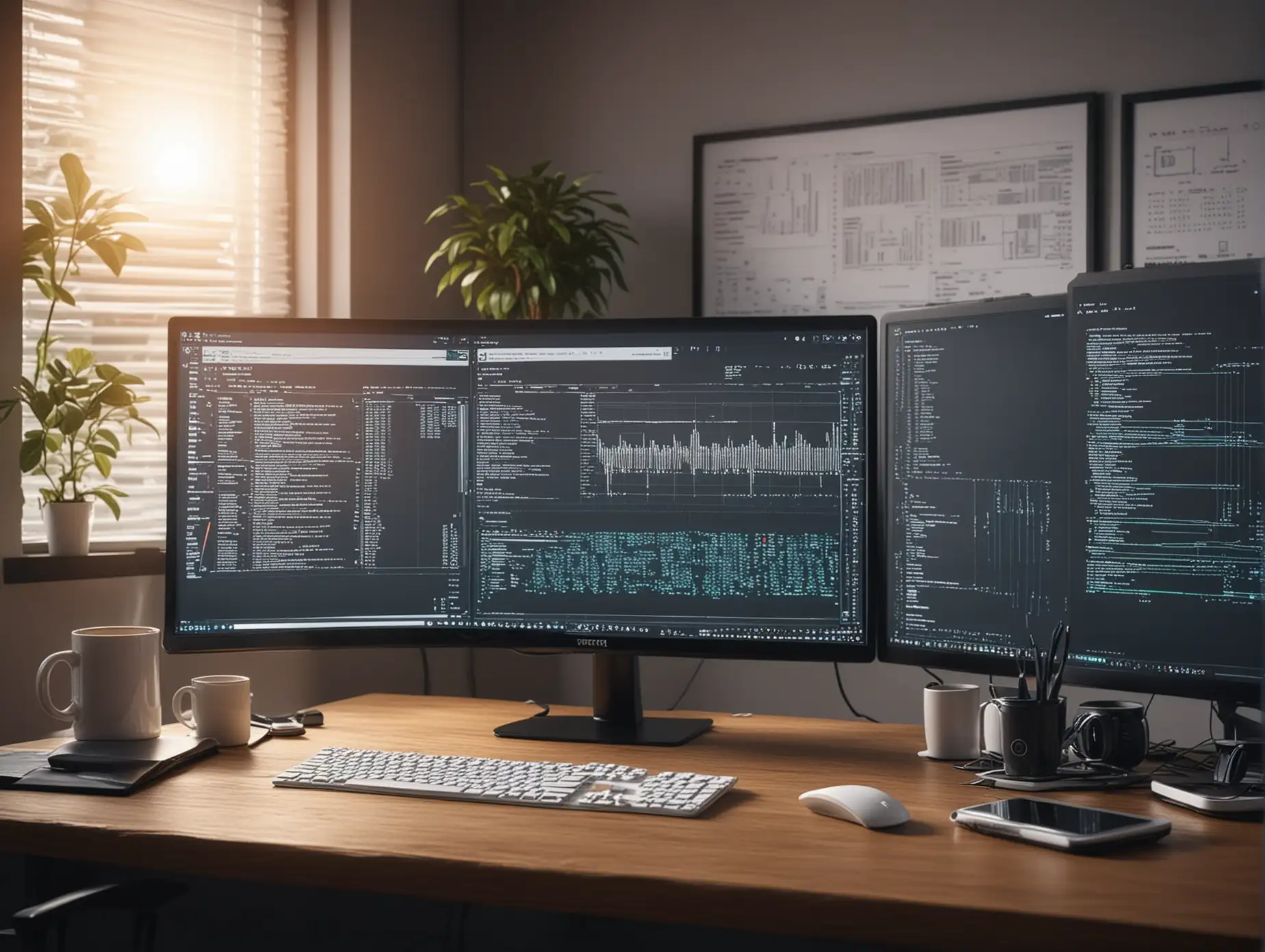 (((Software Engineer's room with a computer, (technical UI design and code), and a coffee mug, Tech Professional Working Place photo, Tech Professional Photo, ultrarealistic, soft lighting, 8k