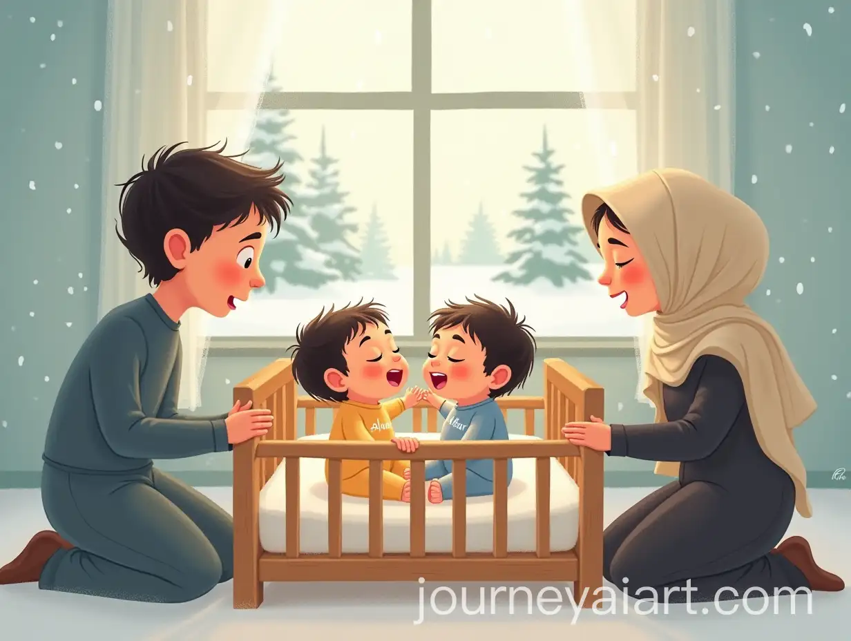 Twin-Baby-Boys-in-a-Cozy-Winter-Hospital-Room-in-Finland-with-Parents