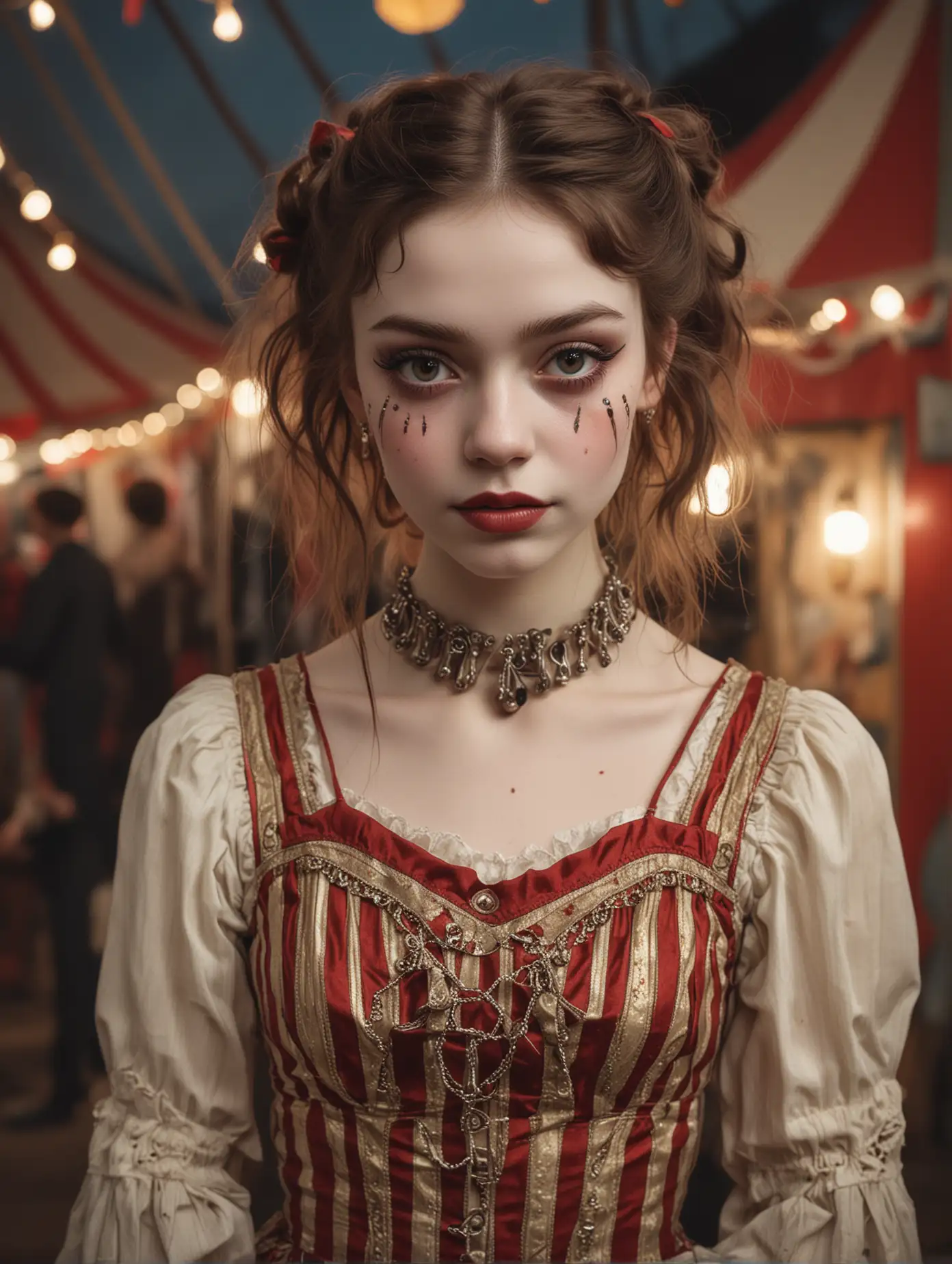 A girl of short stature, with very pale skin and grayish brown eyes, is in the center of the scene. Her gaze is piercing, playful and mysterious. Her thin and slender body is adorned with strange makeup and vintage circus style clothing. Brown hair. She is at an old fair, creating an intriguing and fascinating atmosphere. Poses for Instagram.