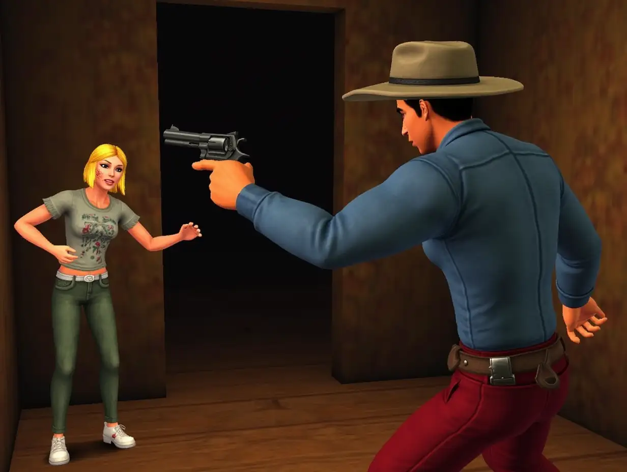 1990s 3D ps1 styled Gameplay screenshot for PlayStation featuring a 3D polygonal characters models of an attractive cowboy in a hat blue long sleeve shirt and red long pants holster protects a cowering scared attractive blonde female in a waist-cloth and tattered t-shirt as she in the background in a corner  as he fights a zombie in a museum  1990s 3D polygonal style video game 3rd person fighting game 3rd person 3D Beat em up 1990s graphics retro style game 3D 3rd person survival horror game 3d 1990s PlayStation One Graphics