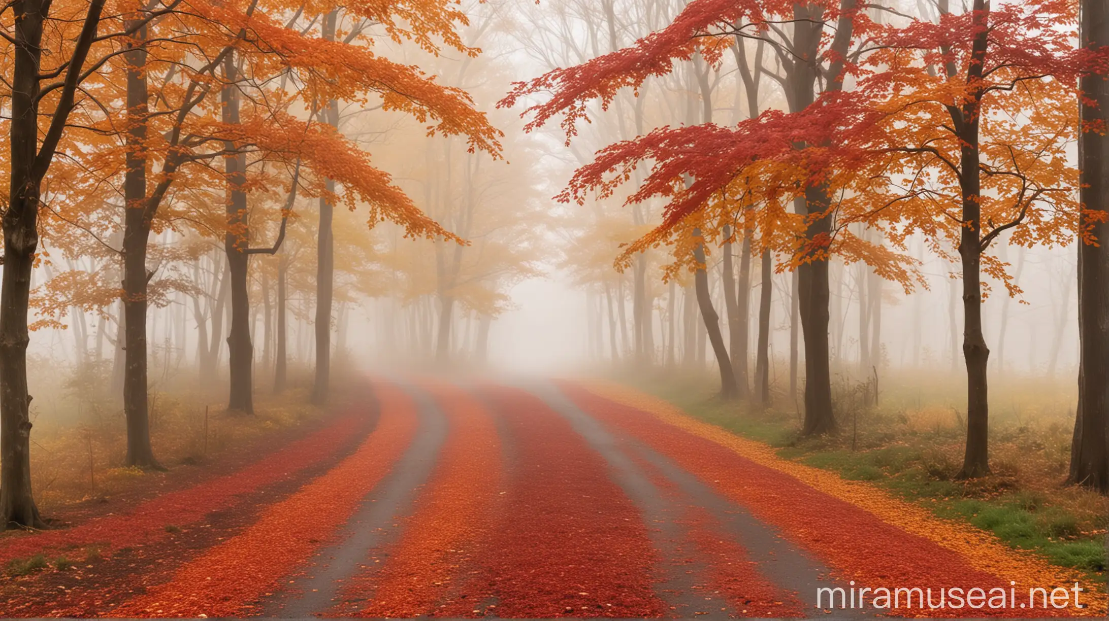 Misty Autumn Morning with Colorful Trees and Fallen Leaves