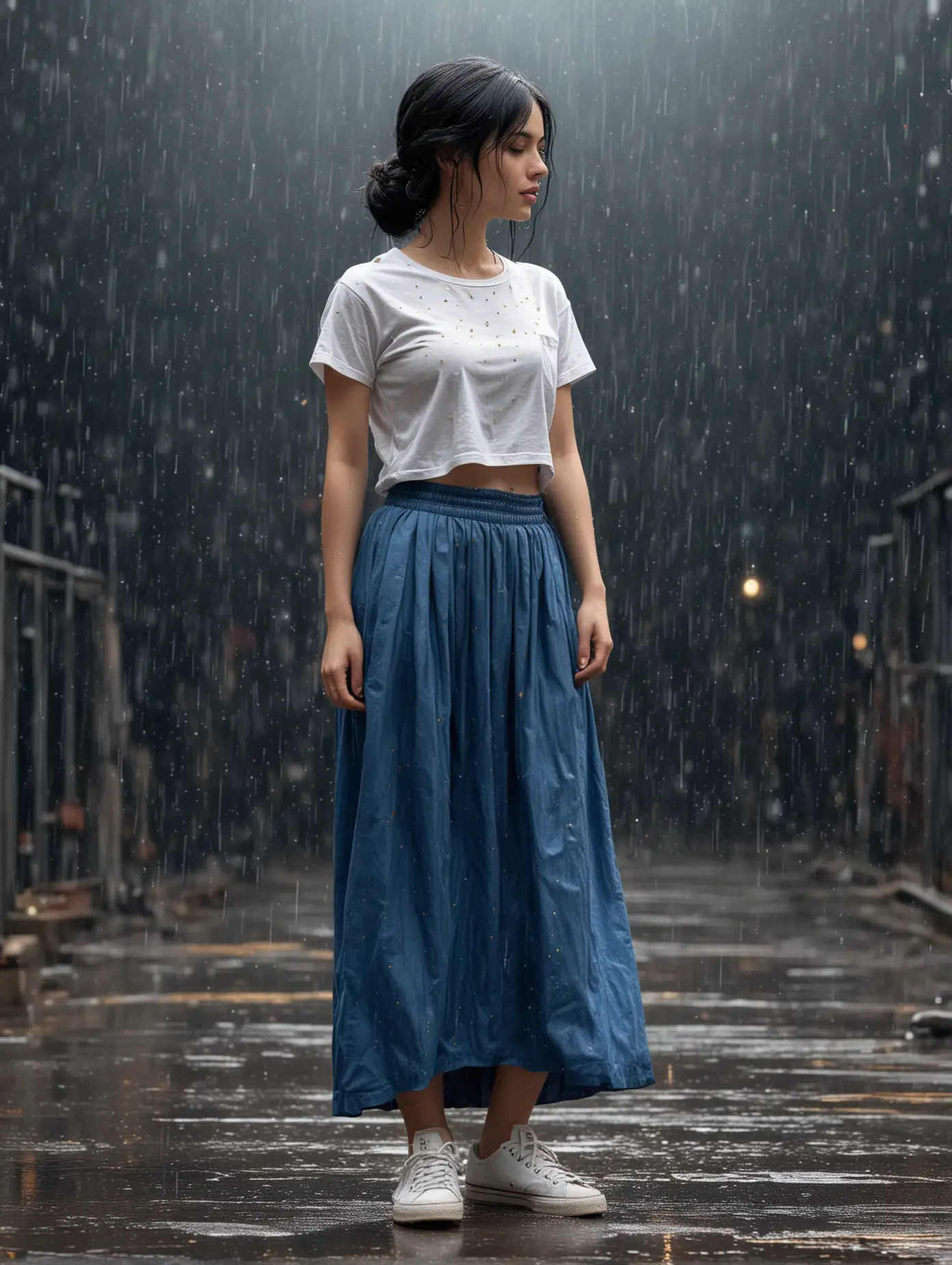 Woman-in-White-TShirt-and-Blue-Skirt-with-Golden-Sparkling-Rain