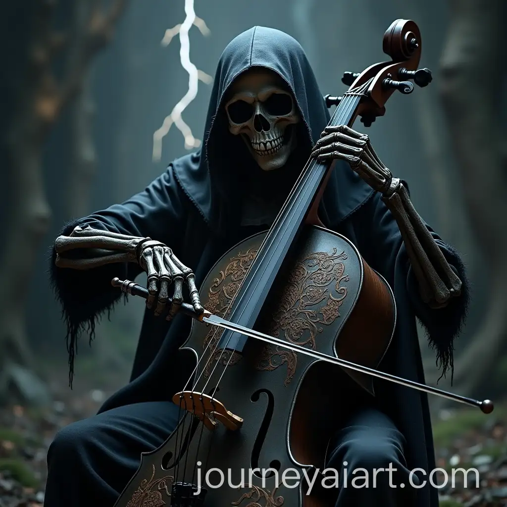 Gothic-Metalhead-Skeleton-Playing-Black-Cello-with-Sword-Bow-and-Lightning-Background