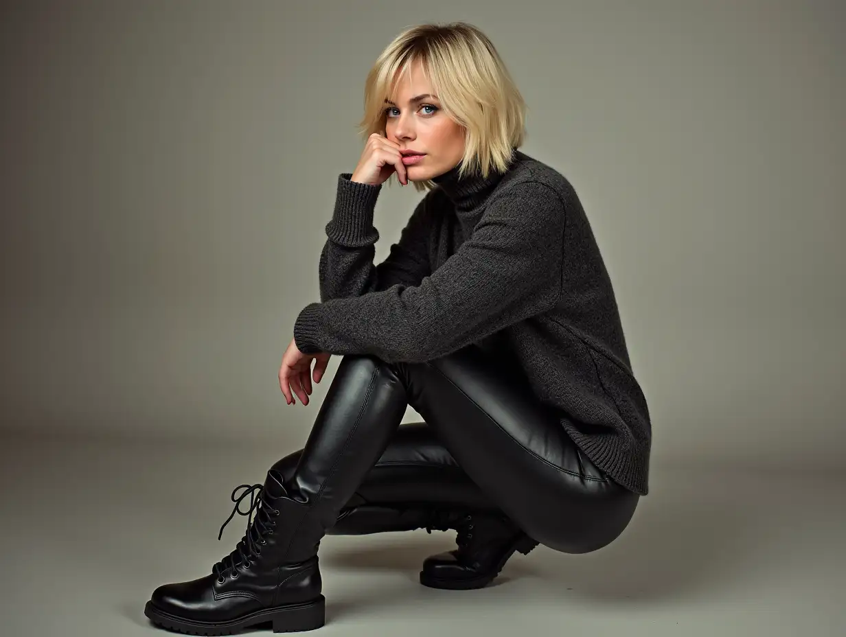 Girl, short blonde hair, leather boots, leather pants, wool sweater