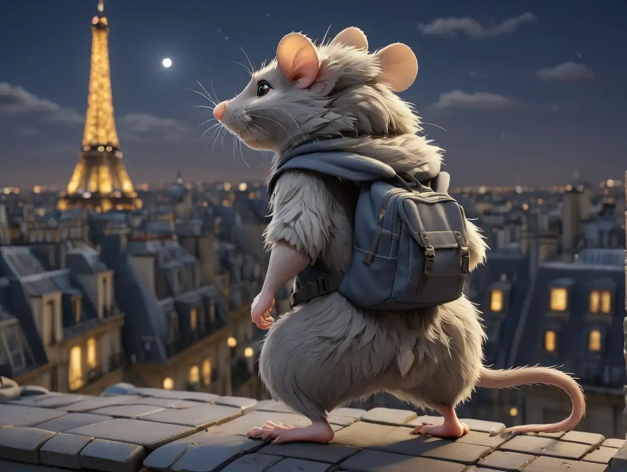 a wide-angle view from behind of a cute gray-furred rat with a backpack, standing on a rooftop, with the night-time atmosphere of Paris in the background , 3d disney inspire