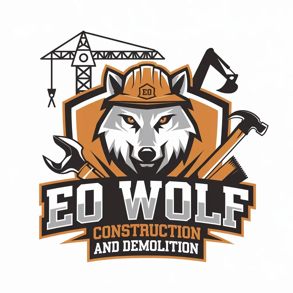 LOGO Design for EO WOLF Construction and Demolition Wolf Crane Excavator and Hammer Symbols