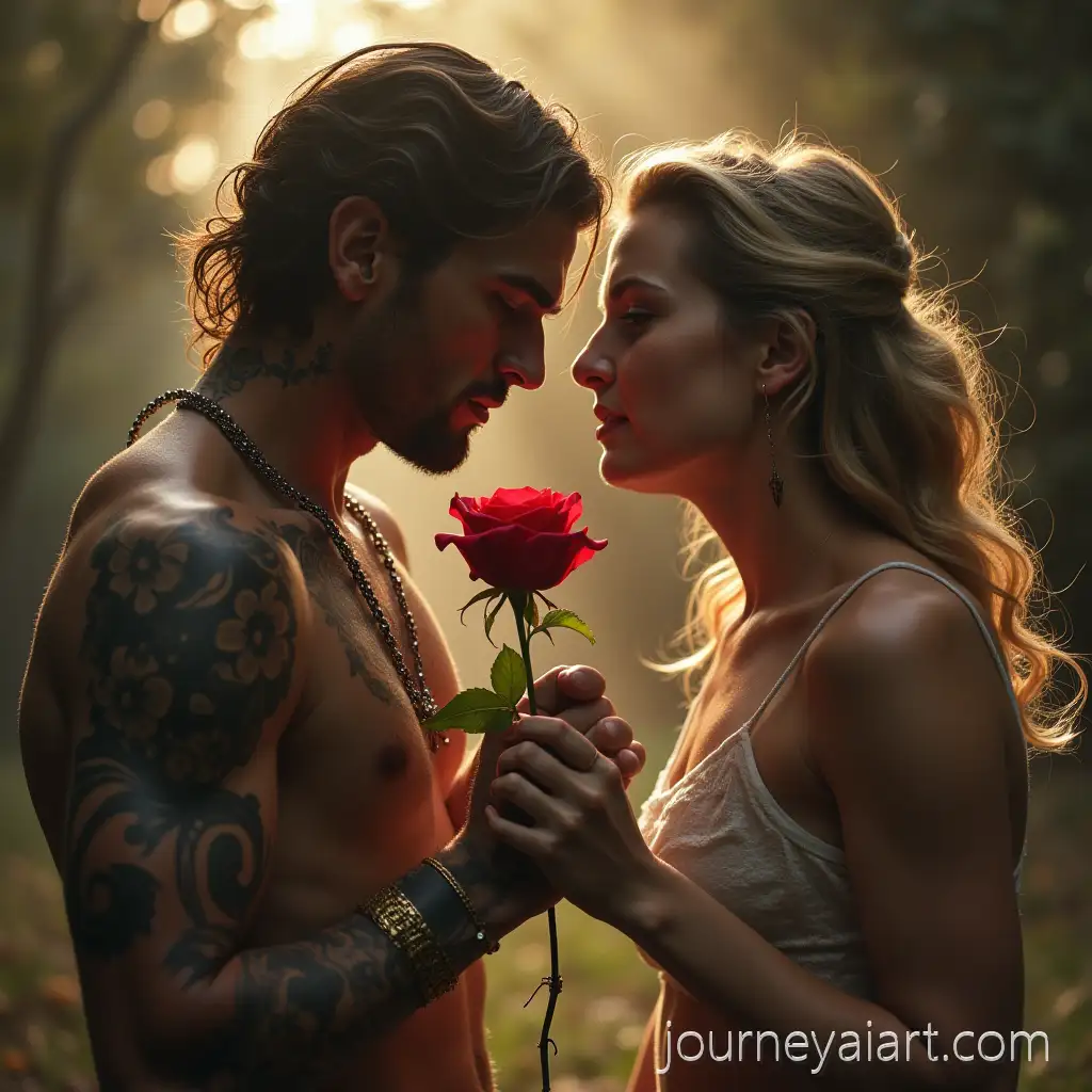 Mythical-War-God-Offering-Rose-in-Serene-Moment