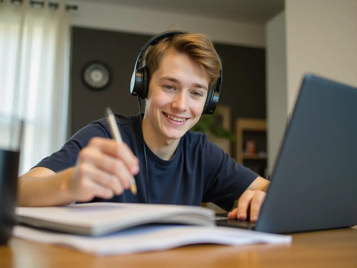 Teenager in headset taking notes while working with laptop at table indoors. Remote job