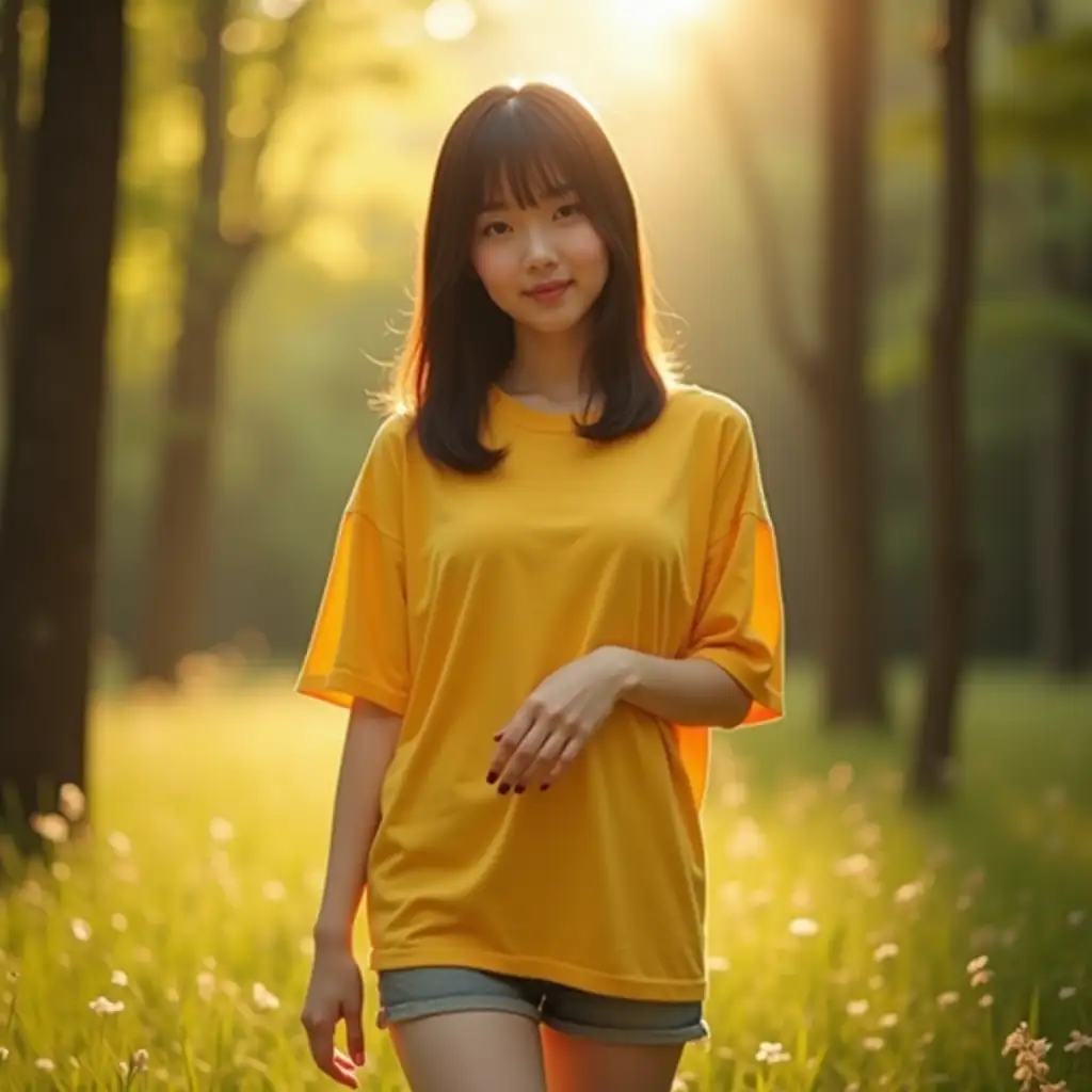 Beautiful-Chinese-Girl-in-Yellow-Tshirt-Standing-in-Sunny-Forest