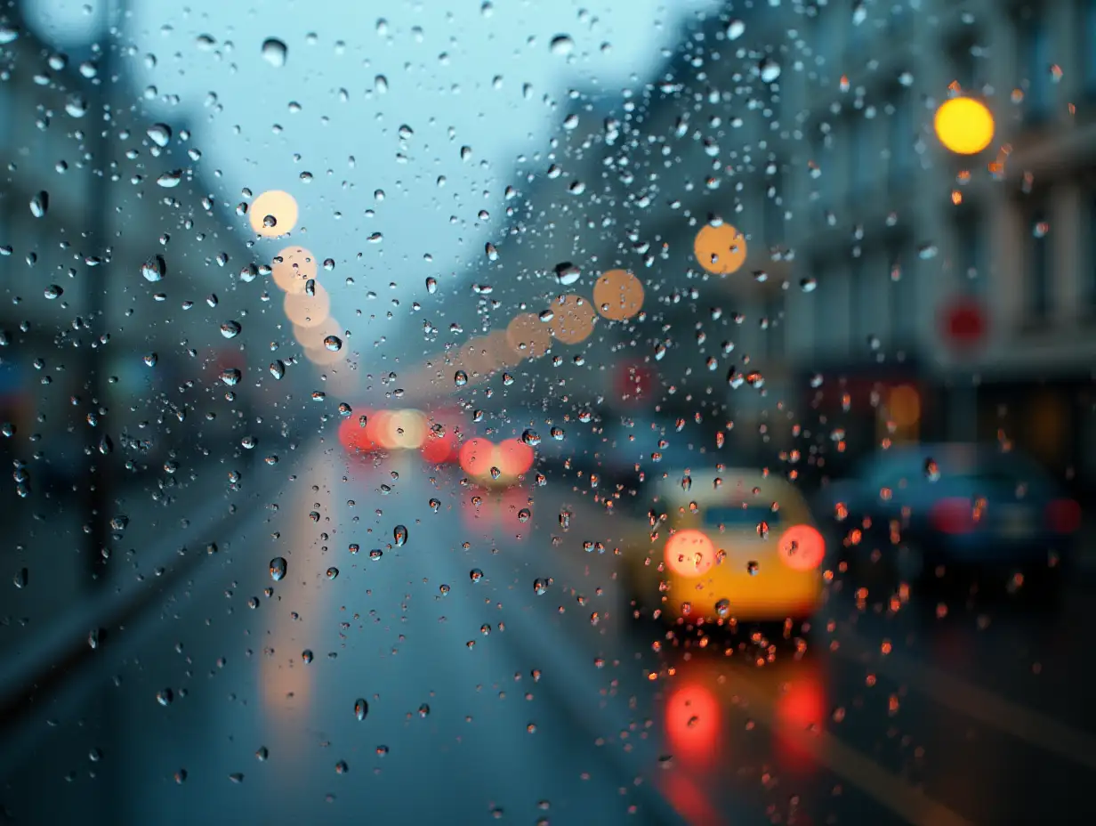 Raindrops on a window on a rainy day