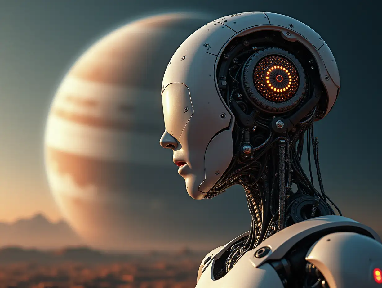 Create a high-resolution, realistic image of an artificial intelligence named Robert, 40 meters tall with humans, with a motor made of many parts, in Jupiter 4k resolution