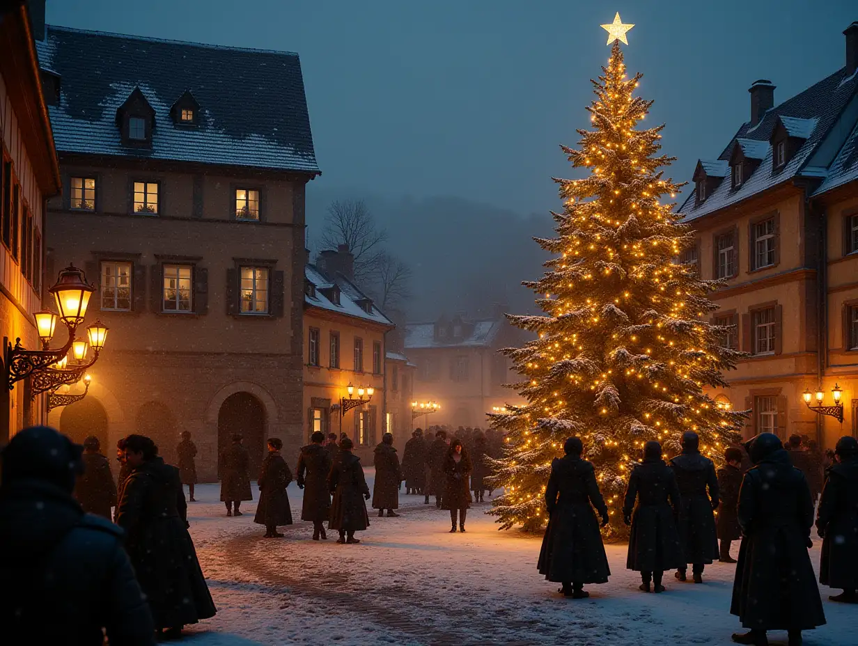 Night, the square of a medieval town, a Christmas tree garlanded with lanterns, people of all ages dressed in medieval winter fashion, it's snowing.