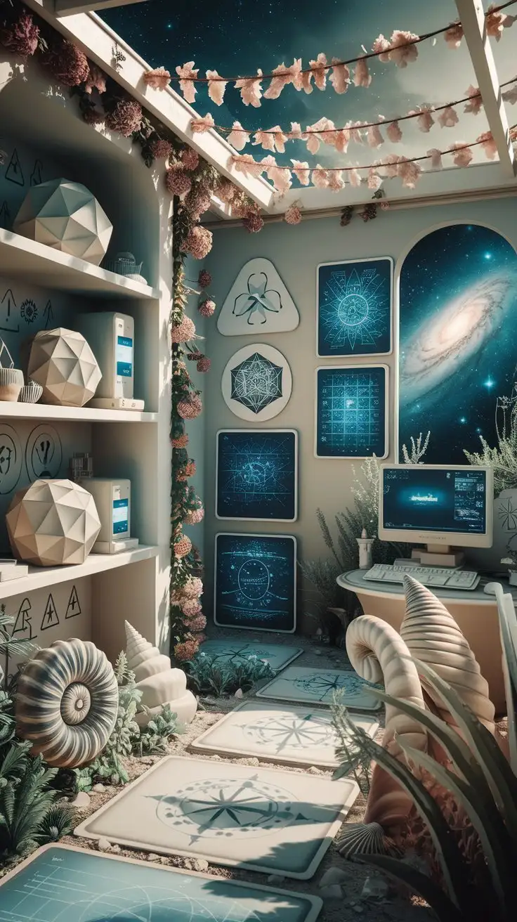 a beautiful alien garden, dodecahedra on shelves, a computer, mandalas and many blue formulas on posters, symbols on walls, spiraling seashells, posters with formulas,  starry sky and galaxy in the background, sunny and mysterious atmosphere, high precision, low saturation, off-white colors