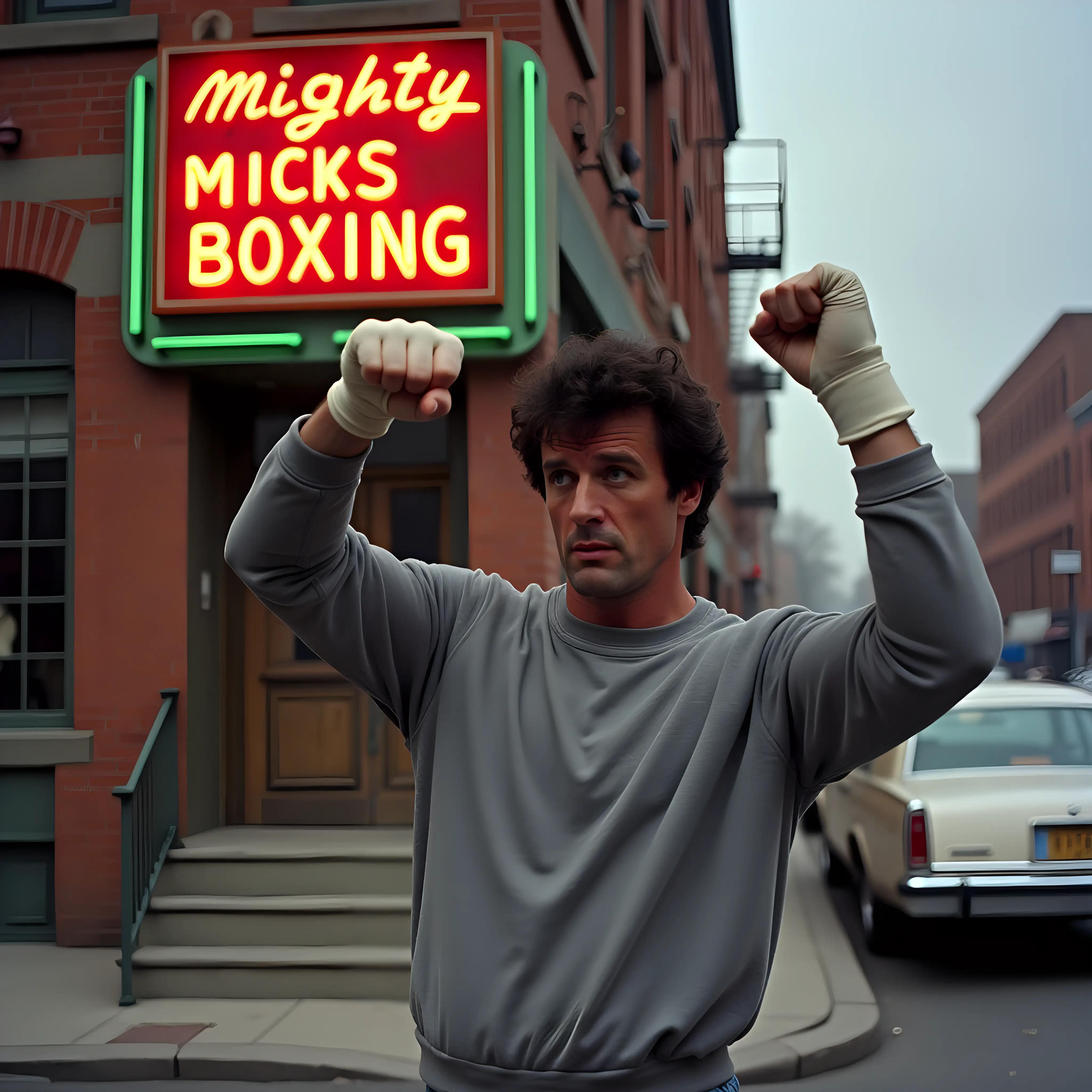 Create a portrait of Sylvester Stallone in the film 'Rocky' from 1976. He is pictured looking muscled from the waist up looking into the camera and fist punching the air above his head. His fists are wrapped with white boxing wraps.  He is wearing a grey 1970's crew cut thick grey cotton sweatshirt. He also has a narrow red sweatband around his head. He is standing outside a gym in downtown Philadelphia. There are 1970's cars parked in the street and the gym is a 3 Storie corner building in a 'Flatiron shape' made out of red bricks and with a door on the corner with steps leading up to it. There is a very large square red and green neon sign above the door with a perspex case around it. It says 'Mighty Micks Boxing' in retro style lettering. All the electrical connections and construction of the neon sign are visible.