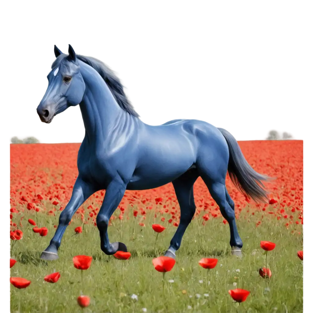 Stunning-4K-PNG-Image-of-a-Blue-Horse-with-a-Red-Apple-in-a-Poppy-Field