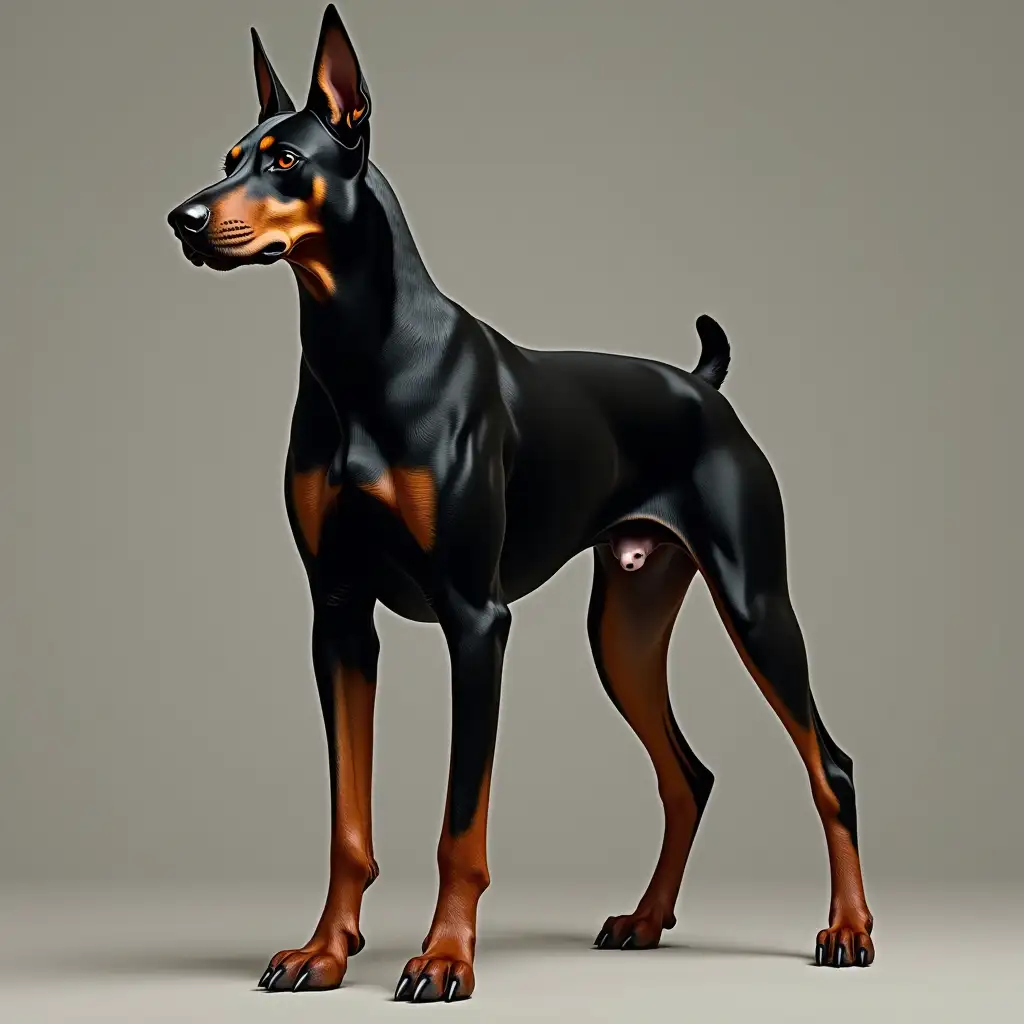 Realistic, (1dog), (male dog:2.0), a domestic Doberman, embodies raw power and incredible strength. Unlike typical Dobermans, stands at an impressive 110 centimeters and weighs 80 kilograms, making him a formidable presence, long legs, strong muscles. Known for his superaggressive nature. His powerful muscles. His fiery eyes, cropped ears, short tail, black coloring with brown spots, and huge claws on his paws contribute to his authoritative aura. accompanied by enormous and equally veiny ((heavy, enormous testicles between hind legs:2.0)). His character is that of a domestic, superaggressive, superior canine. 